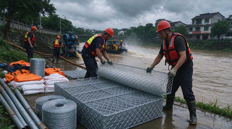 Changshu Jianghe Iwwerschwemmungspräventiounsprodukter liwwert Gabion & Galvaniséierte Mesh Material fir Innere Mongolei Emergency Drainage Support Project